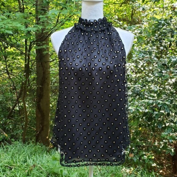 LOFT Black and Gold Clip Dot Velvet Embroidered Mesh Sleeveless Blouse Top (NWT) - Picture 1 of 8